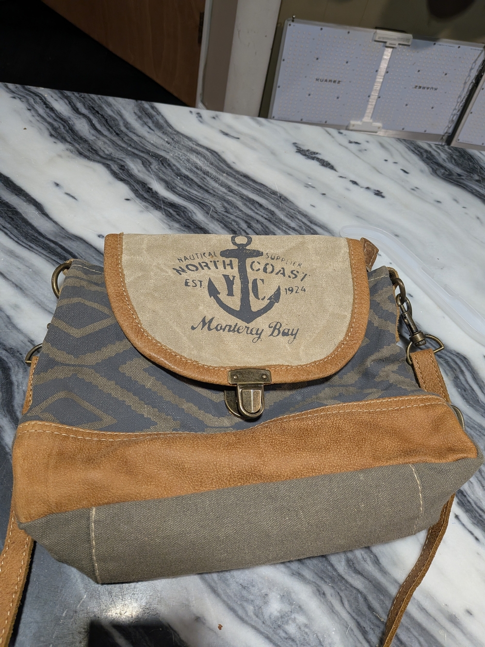 Myra Bag Monterey Bay Canvas Crossbody in Tan and Gray